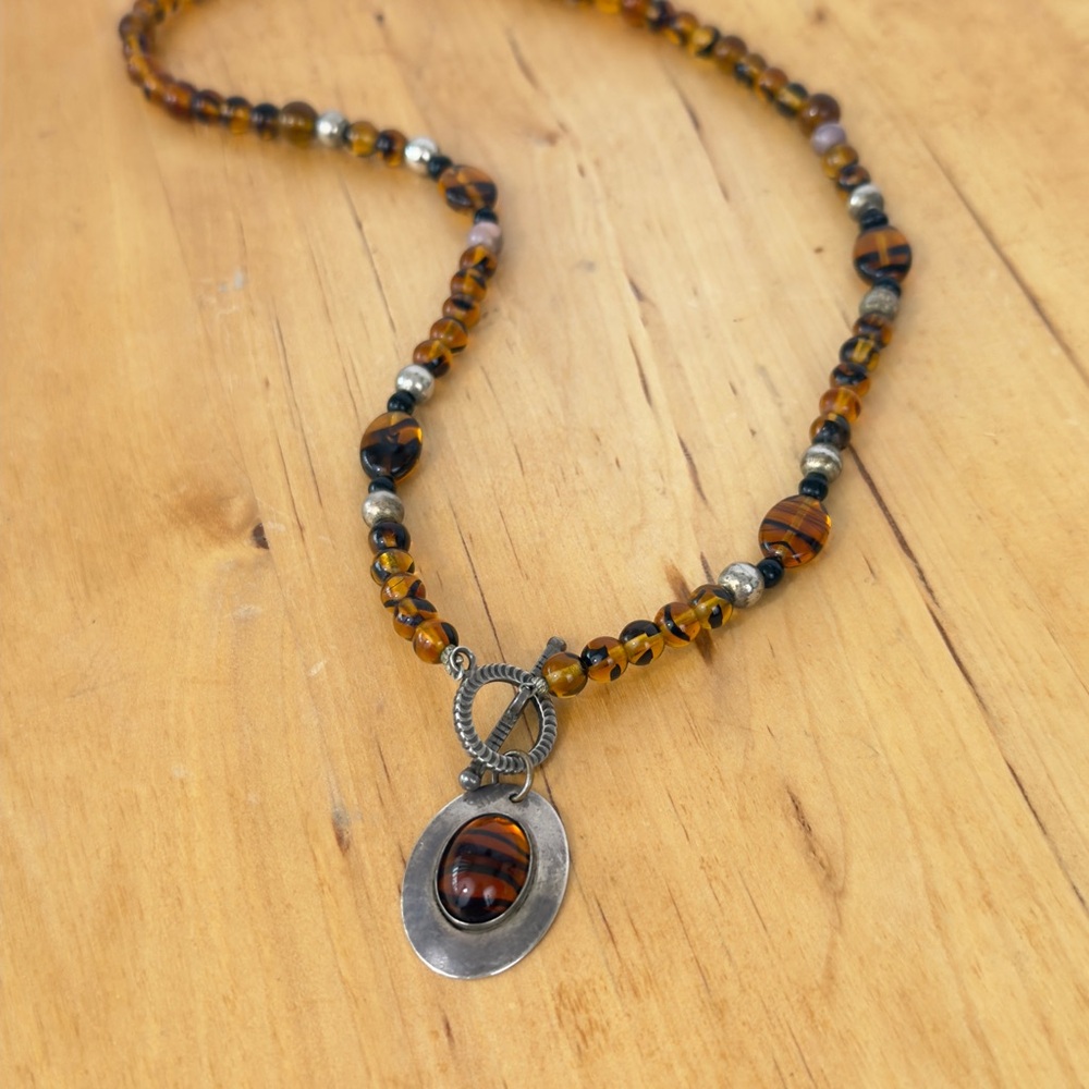 Sunwest Silver Co. Native American Cognac Glass Bead Amber Silver Necklace 20”